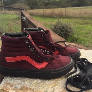 Marron and red high tops vans